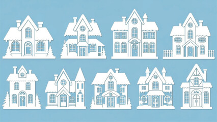 Winter Snowy Houses Silhouette Set, Cozy Christmas Village Clipart on Light Blue Background