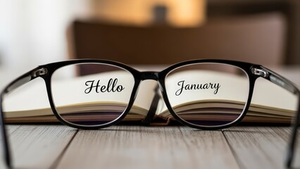 Hello January text on glasses over open book on wooden table.