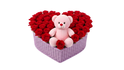 Pink teddy bear sitting on roses isolated on transparent background