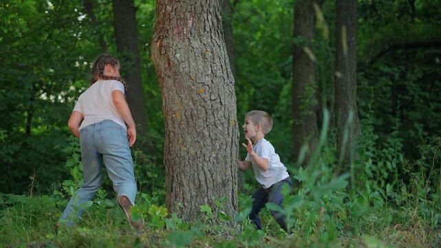 Girl and boy play hide and seek around tree in forest. Children chase each other near trunk outdoors. Kids run playing game. Boy and girl circle tree while playing. Children enjoy forest game.
