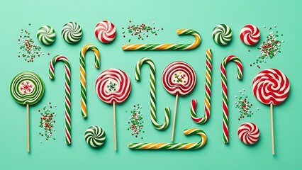 Colorful Christmas candy assortment with candy canes and lollipops arranged on mint green background in playful holiday composition