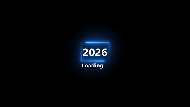 glowing neon White text 2026 inside a glowing purple rectangle with loading dots below on black background progress.4k motion video animated.