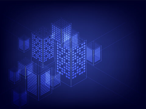 Futuristic isometric vector smart city skyline with glowing blue buildings on a dark background, ideal for technology, real estate, architecture, urban development concepts.
