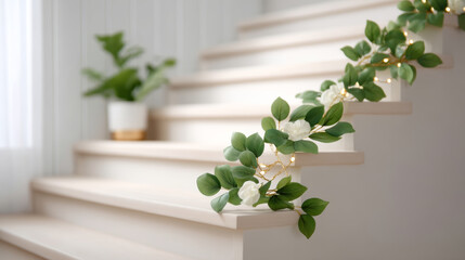 Greenery garland winds up staircase with lights, creating charming scene