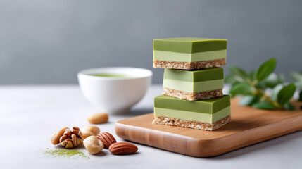 Homemade matcha granola bar stacked looks delicious