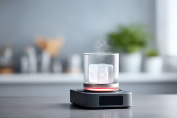 Clear glass shows melting ice, feeling scientific and curious