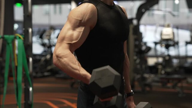 Man athlete lifting dumbbell. Strong man do sport exercise. Gym workout. Sport athlete man with dumbbell. Healthy lifestyle. Biceps muscle. Strong triceps. Man exercising with dumbbell. Triceps dip