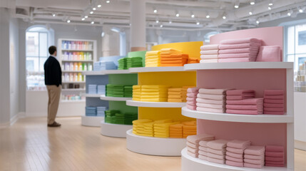 Shoppers explore playful retail space with rainbow merchandise feeling interested