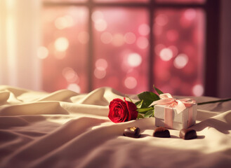 Red rose, gift, and chocolates on draped fabric