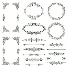 Obraz premium Elegant Floral Ornaments Set with Corner Borders, Hand-Drawn Botanical Dividers and Decorative Wreaths in Vintage Style