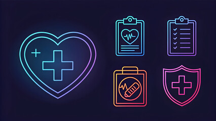 Neon medical icons for healthcare and wellness