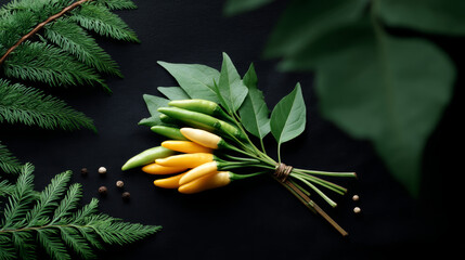 Green chili and yellow chilies tied, presents natural, fresh bounty