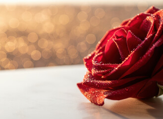 Red rose with water drops and bokeh background
