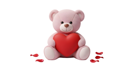 Pink teddy bear holding red heart isolated on transparent background