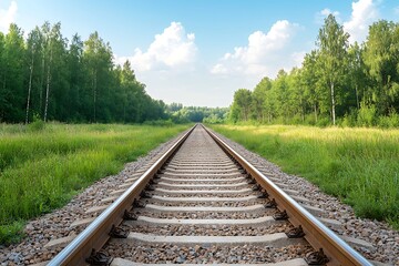 Obraz premium Serene Railway Tracks Surrounded by Lush Greenery Under Blue Sky and White Clouds
