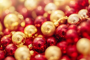 Festive collection of small glossy beads in vibrant red and gold hues, creating a cheerful atmosphere perfect for holiday decorations and celebrations