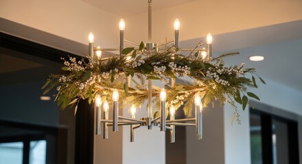 Elegant Chandelier Adorned with Lush Greenery and Delicate White Flowers.