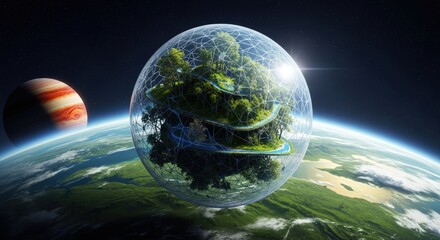 Futuristic Biodome Planet Earth Ecosystem in Space.