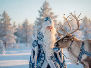 Winter character and reindeer in snowy forest