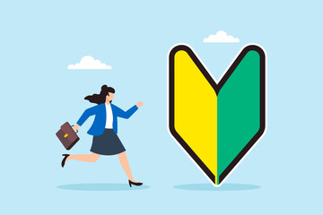 Fototapeta premium Flat illustration of businesswoman running toward large Japanese beginner driver symbol representing fresh start and new career journey