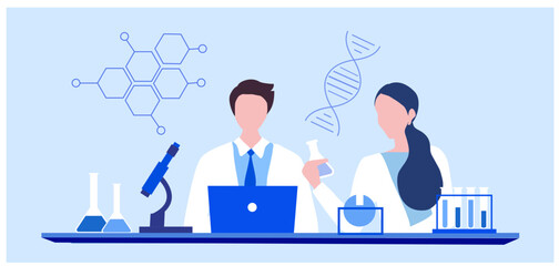 Professional scientists, doctors and chemical researchers working and analysis in laboratory experiment vector Illustration. Medical laboratory, research experiment biology molecular concept.	
Categor