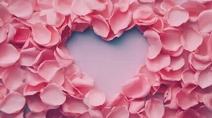 Obraz premium A heart-shaped arrangement of delicate pink rose petals on a soft background, symbolizing love and romance.