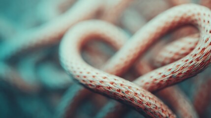 Obraz premium An abstract close-up of intertwined ropes, showcasing a smooth texture and vibrant colors, creating a visually complex and intriguing pattern.