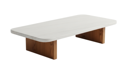 Japandi style low coffee table made of stone and wood materials isolated on white background