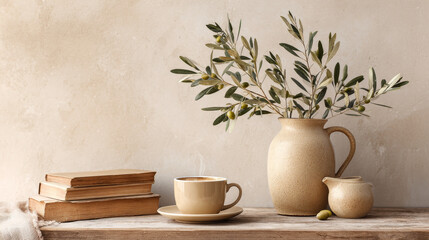 Scandi-style breakfast still life in a minimal home interior, featuring a beige ceramic vase with olive branches, a cup of coffee or tea, wooden table, old books, and an empty beige wall mockup 