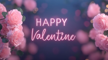 A beautiful arrangement of pink roses with a glowing "Happy Valentine" message, creating a romantic atmosphere perfect for Valentine's Day.