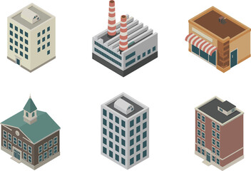 Isometric city buildings set including residential, industrial, commercial, office, and public architecture illustrations isolated