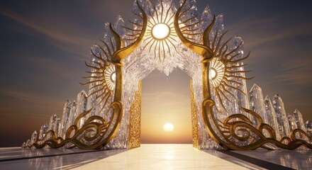 Majestic Golden Archway with Sunbursts and Crystal Spires at Sunset.
