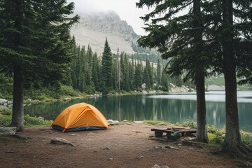 A serene lakeside campsite nestled amidst towering trees and a majestic mountain range, offering a tranquil retreat for outdoor enthusiasts to immerse themselves in nature's beauty.