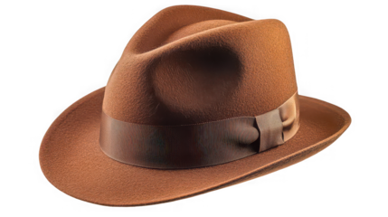 Classic brown felt fedora hat with silk ribbon isolated on white background