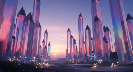 Surreal Crystal Forest Landscape at Sunset with Vibrant Hues.