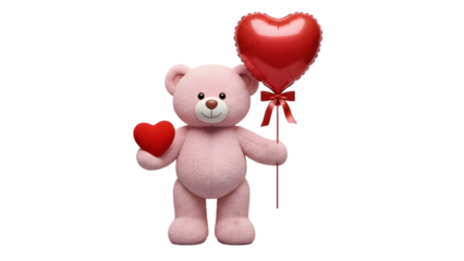 Pink teddy bear holding heart shaped balloon isolated on transparent background