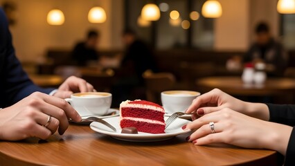 Couple enjoying red velvet cake and coffee in cozy cafe setting