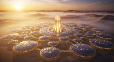 Futuristic Cityscape with Central Tower and Surrounding Domes at Sunrise.