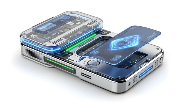 Futuristic smartphone with holographic display and transparent casing technology - Powered by Adobe