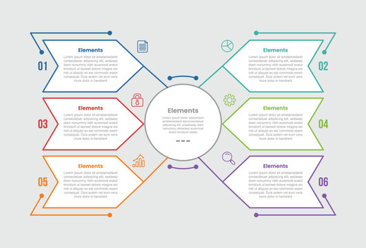 6 elements infographic comparison diagram with big circle center with arrow container box line connection with dot line style 6 step for slide presentation