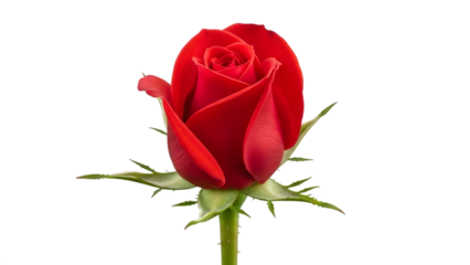 Beautiful red rosebud on green stem isolated on transparent background ready for easy composition