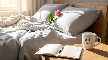 Cozy morning bedroom scene with an open planner and self love coffee mug on wooden table