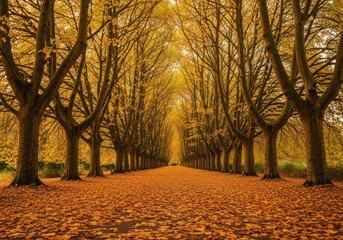 A serene autumnal tree lined path covered in fallen orange leaves on a sunny day in a park or forest