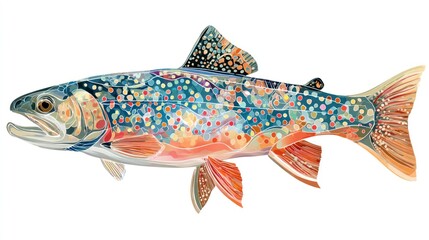 Colorful watercolor illustration of a brook trout fish on white background