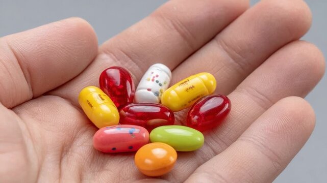 Vitamins and Supplements in Hand: A close-up shot of a hand gently holding a colorful assortment of vitamin capsules, capturing the essence of health and wellness.