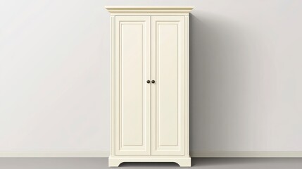 Cream colored wooden wardrobe against a plain white wall with copy space