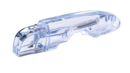 Transparent plastic tag gun device for applying garment security fasteners against a black background