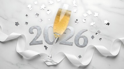 New Year 2026 party background with champagne glass silver numbers confetti and flowing ribbon on bright marble surface