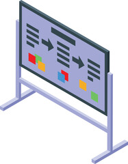 Isometric view of an interactive whiteboard displaying a project management workflow with a flowchart and colorful sticky notes