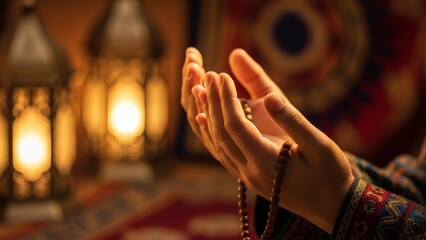 Warm Light Prayer Hands Holding Rosary Beads in Religious Ritual Setting